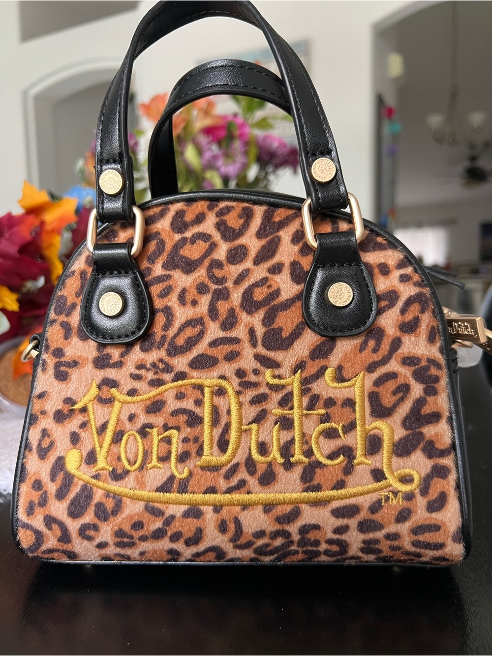 Von Dutch Leopard Print Mini bowling bag Brown and Black